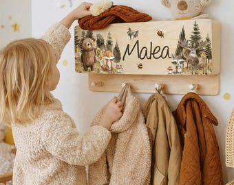 Children's wardrobe with storage for gloves and hats, personalized children's room with name, clothes hooks, coat rack