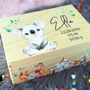 Memory box, memory box, toy box, game box, wooden box with name, individual, personalizable, baptism gift jungle animals