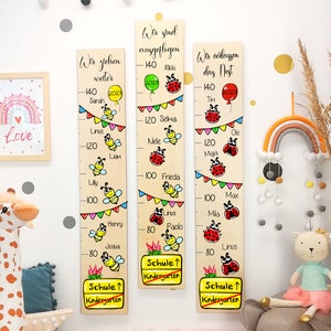 Kita Abschiedsgeschenk Kindergarten Erzieherin, Lehrerin Tagesmutter Messlatte mit Namen, Bienen und Marienkäfer + Ortsschild
