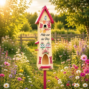 Könnte beinhalten: Ein hohes Vogelhaus aus hellem Holz mit einem leuchtend pinken Spitzdach und Sockel. Es verfügt über ein rundes Einflugloch, eine untere bogenförmige Öffnung und eine kleine Sitzstange. Die Vorderseite ist mit Vogelmotiven und dem Text Matz von der Piep verziert.