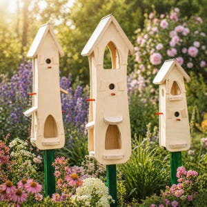 May include: Three wooden birdhouses of varying sizes, each with a light-colored finish and a peaked roof. The birdhouses are mounted on green posts and feature openings and perches. They are set in a garden with colorful flowers and foliage.