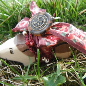 Wooden Badger Totem with carved wooden badger, vintage rose ribbon, vintage button, crocheted ribbon with seed beads, red tigers eye