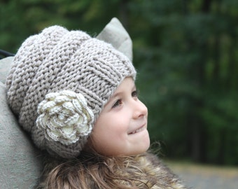 Knit flower hat. Knitted Beanie. Knitted girls hat. Hand knit girls hat. Knitted hat with flower. Cable knit flower hat. Crochet flower hat.