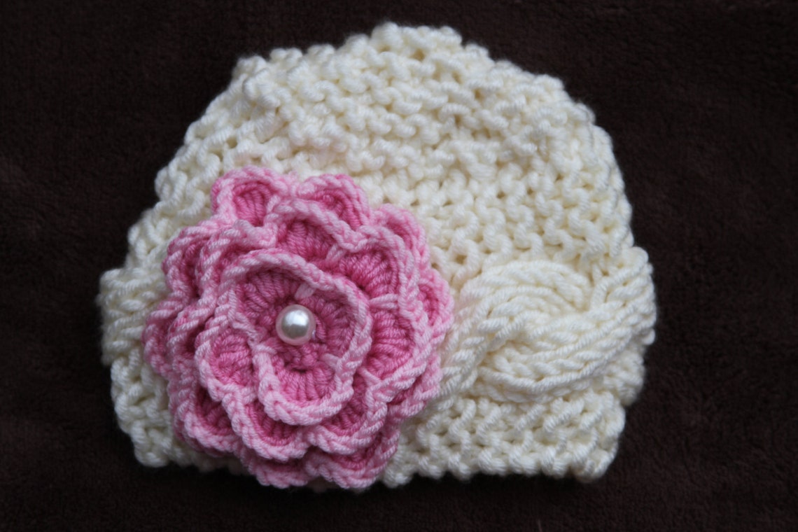 Ivory Baby Girls Hat. Newborn Knit Hat. Knitted Newborn Hat. Etsy