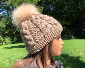 CC Quality Women's Faux Fur Pom Pom Beanie - Fleece Lined Slouchy Cable Knit Winter Hat - View #11