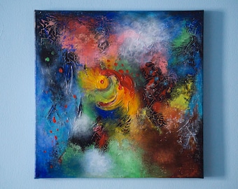 オリジナルミクストメディア抽象彫刻、キャンバス上のマルチカラー3D