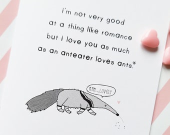 anteater love greetings card, valentine's day greetings card, love card, love poem, anniversary card, cute valentine's day card