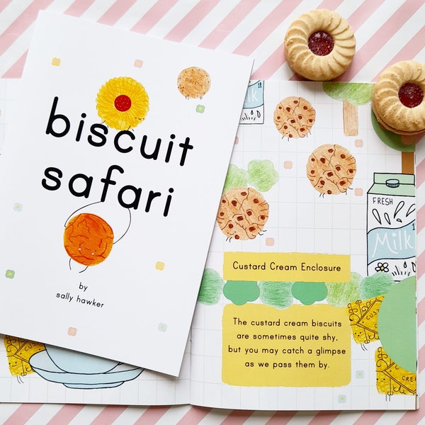 Biscuit Safari A5 zine, biscuit themed poetry zine, cute zine, illustrated zine, poetry zine, biscuit lovers gift, food zine, book