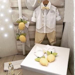 LEMONS Summer complete baptism set Suit Keepsake box Candle Towel set Bottle Soap Traditional ceremony Baby boy handmade christening gift