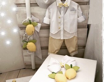 LEMONS Summer complete baptism set Suit Keepsake box Candle Towel set Bottle Soap Traditional ceremony Baby boy handmade christening gift