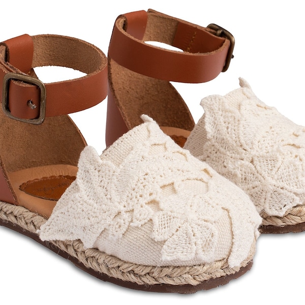 Greek sandals Leather espadrilles with lace Ancient Greek style Baby girl Greek baptism Wedding Goddaughter unique gift size 19-25 EU 4-9 US