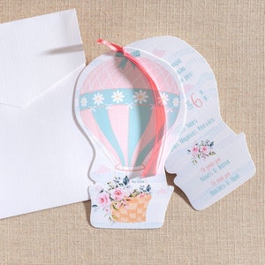 Faire-part de baptême en montgolfière PHYSIQUE Invitations d'invités personnalisées Papeterie de fête élégante unique Enveloppe de carte d'invitation Fête de naissance