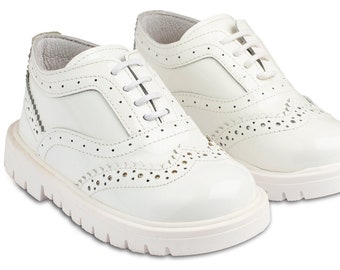 Leather Oxford shoes White wingtips Baby boy Greek baptism Wedding Christening little luxury First steps toddler shoes Size 20-26 EU 5-9 US