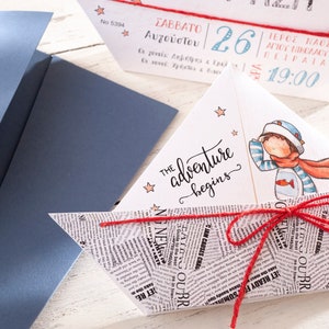 Convites de batismo em formato de barco FÍSICO em envelope Convites para convidados de festa Azul Marinho Papelaria exclusiva para batizado Cartão de convite para bebê menino
