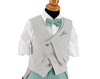 Mint Gray Couture outfit Baby boy greek suit Orthodox baptism Toddler formal wedding Party set christening Unique design