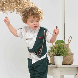 Couture outfit Baby boy greek suit Green White Orthodox baptism Toddler formal wedding Party set christening Unique design