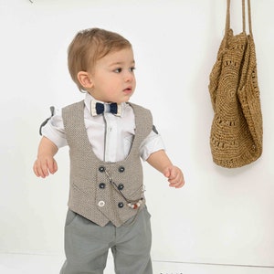 Couture outfit Baby boy greek suit Gray White Beige Orthodox baptism Toddler formal wedding Party set christening Unique design