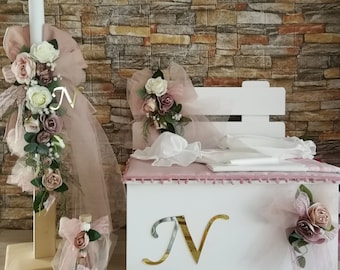 Complete set Personalised Greek baptism style Baby girl christening Candle Towel set Keepsake box Oil set Handmade unique gifts