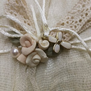 Porcelain favors Handmade greek baptism martyrika lace witness pins Handmade martirika floral for Baby girl christening pin Guests gifts