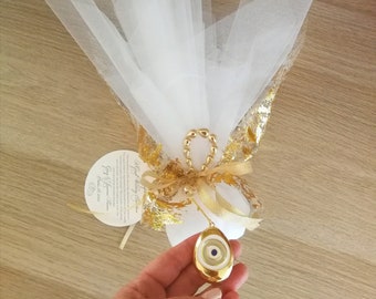 Personalized 24k gold Evil eye favors ornament Wedding Baptism souvenirs Baby girl boy Greek bomboniere koufeta guest gifts Stainless steel