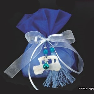 Train Christening boy favors Blue organza pouch Baptism favors Handmade guests gift Baby shower favors ideas Greek baptism bomboniere
