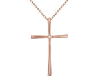 18K rose gold Diamond Cross & Chain Orthodox baby girl baptism gift Engagement wedding present Minimal style  Made in Greece