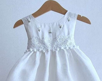 Boho white linen dress Baby girl baptism lace set Orthodox christening Flowergirl formal outfit Wedding elegant couture dress & hat