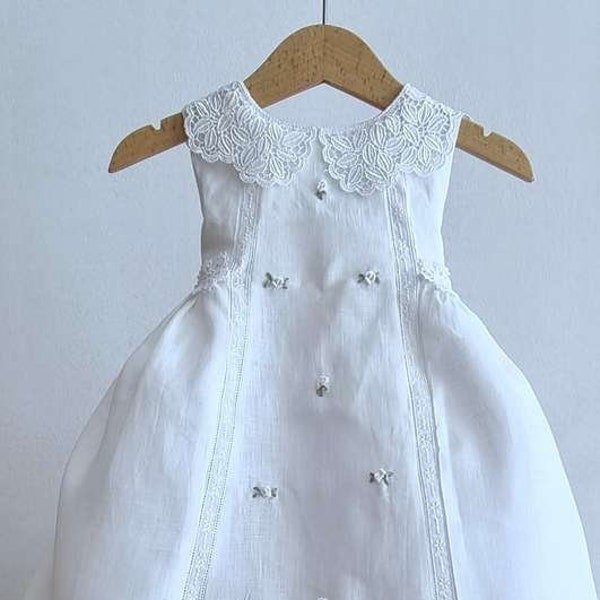 Rococo linen white dress Baby girl baptism lace set Orthodox christening Flowergirl formal outfit Wedding elegant couture dress & hat