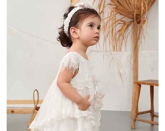 Feathers gown christening dress Lace outfit Flowergirl Greek baptism Catholic wedding dress toddler Flowergirl white dress baby couture