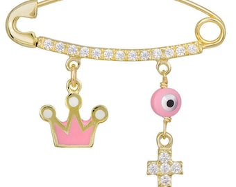 9k gold Princess safety pin Cross  Crown Evil eye Greek baptism martyrika Baby girl christening gifts Lucky charms Goddaughter good luck