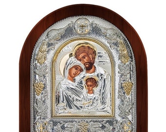 Holy family Silver byzantine icon Wood frame Greek baptism gift Religious wedding present Handmade in Greece - certificate included