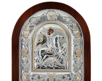 Saint George Silver byzantine icon Wood frame Greek baptism gift Religious wedding present Handmade in Greece - certificate included