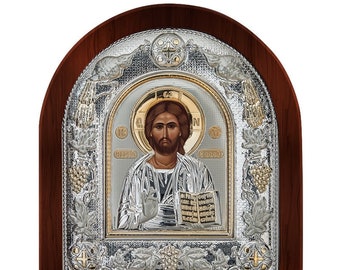 Jesus Christ Silver byzantine icon Wood frame Greek baptism gift Religious wedding present Handmade in Greece - certificate included