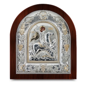 San Jorge Icono bizantino de plata Marco de madera Regalo de bautismo griego Regalo de boda religiosa Hecho a mano en Grecia - certificado incluido