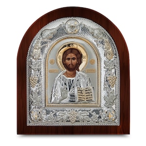 Jesucristo Icono bizantino de plata Marco de madera Regalo de bautismo griego Regalo de boda religiosa Hecho a mano en Grecia - certificado incluido
