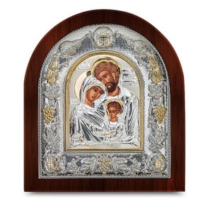 Sagrada Familia Icono bizantino de plata Marco de madera Regalo de bautismo griego Regalo de boda religiosa Hecho a mano en Grecia - certificado incluido