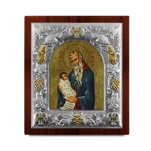 Baby Saint Stylianos Silver hagiography byzantine icon Wood frame Greek baptism gift Religious wedding present Handmade in Greece