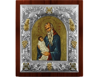 Baby Saint Stylianos Silver hagiography byzantine icon Wood frame Greek baptism gift Religious wedding present Handmade in Greece