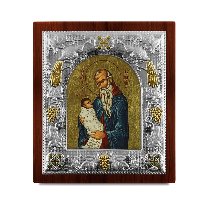 Baby Saint Stylianos Silver hagiography byzantine icon Wood frame Greek baptism gift Religious wedding present Handmade in Greece