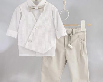Conjunto de lujo atemporal para bebé niño, traje de bautismo ortodoxo griego, gris y blanco, conjunto formal para bodas y fiestas infantiles, bautizo. Diseño único.