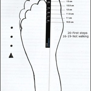 May include: A black and white footprint chart with a ruler marked in centimeters. The chart shows the average foot size for children from 16 to 25 centimeters. The text on the chart reads "20-First steps" and "16-19-Not walking".