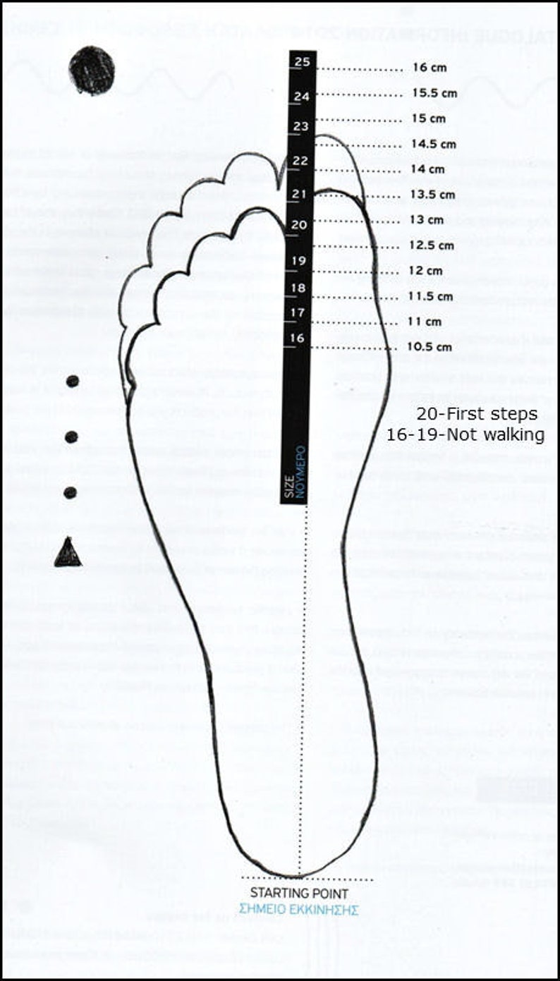 May include: A black and white footprint chart with a ruler marked in centimeters. The chart shows the average foot size for children from 16 to 25 centimeters. The text on the chart reads "20-First steps" and "16-19-Not walking".