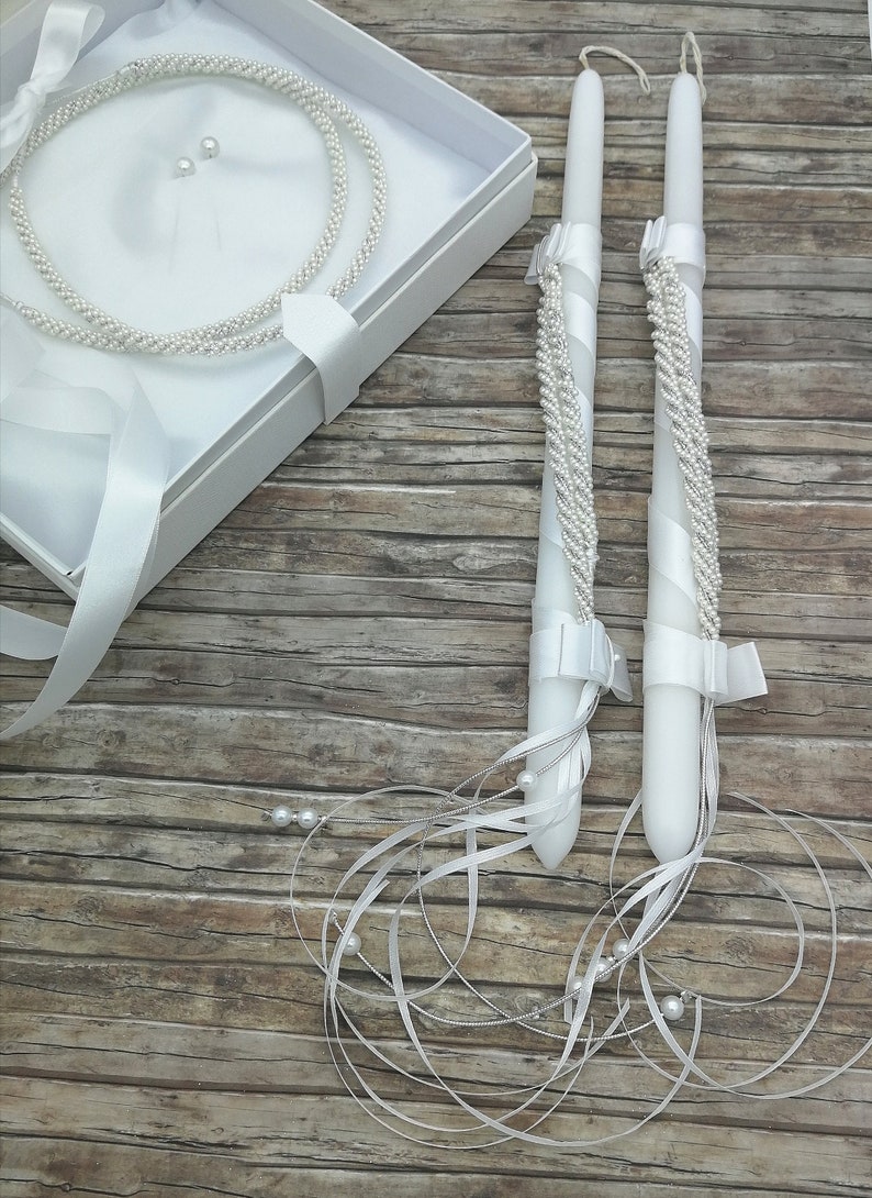 Stefana & Candles Pearls Wedding Crowns Greek Stefana Orthodox Etsy