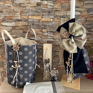 Navy anchor set Greek baptism style baby boy christening Candle Towel set Keepsake bag Oil set Handmade unique gift Orthodox ceremony ritual