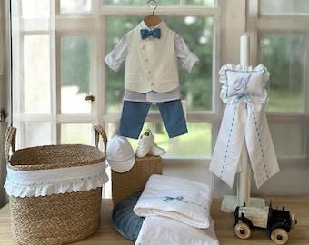 Elegant dusty blue complete baptism set personalized Outfit Keepsake wicker basket Candle Towel set Oil set Orthodox Baby boy christening