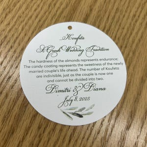 Etichetta personalizzata per matrimonio in ulivo Dimensioni 8 cm Bomboniere personalizzate Significato di Koufeta