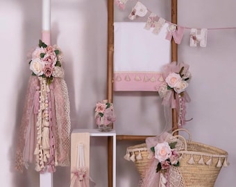 Roses candle set Orthodox greek baptism style Baby girl christening Candle Towel set Keepsake wicker bag Oil set Name banner
