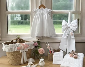Personalized White complete baptism set Outfit Keepsake wicker basket Candle Towel set Bottle Soap Baby girl handmade christening