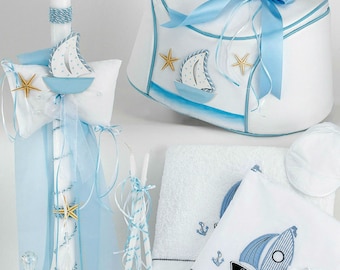 Beach  baptism greek baptism SET Candle baby boy Towel set nautical theme boat greek orthodox christening complete set marine baptism boy