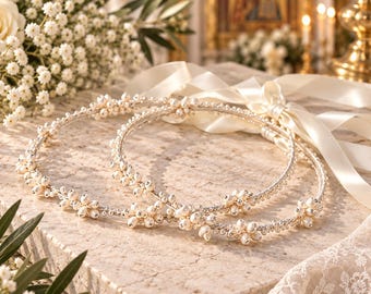 Porcelain flowers and rhinestones Elegant wedding crowns Greek stefana orthodox couple tiara Stephana handmade Bridal hair accessories